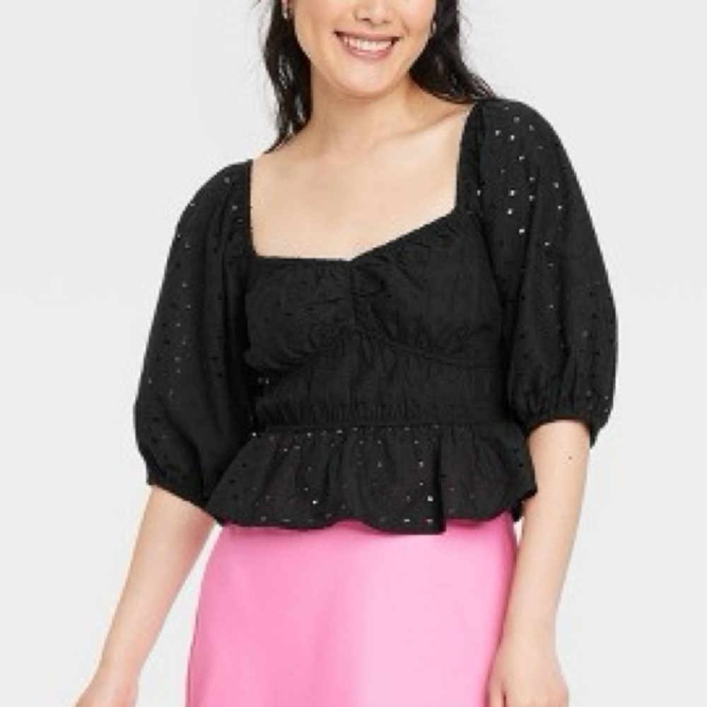 Women’s Puff Eyelet Black Blouse - Picture 2 of 4